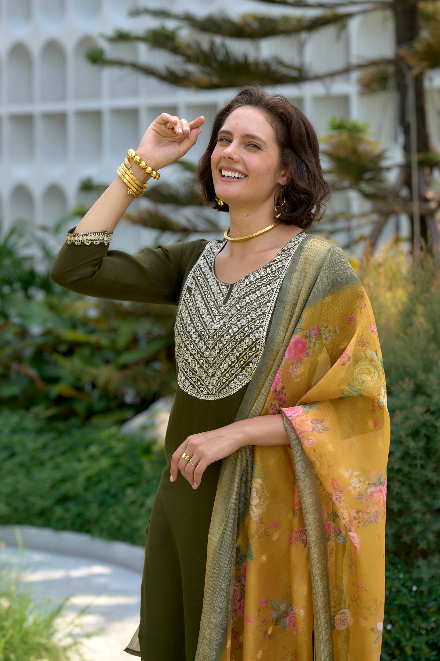 Mehndi Green Embroidered Kurta Set