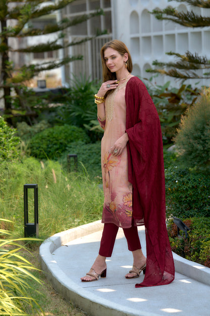 Peach Blossom Embroidered Kurta Set