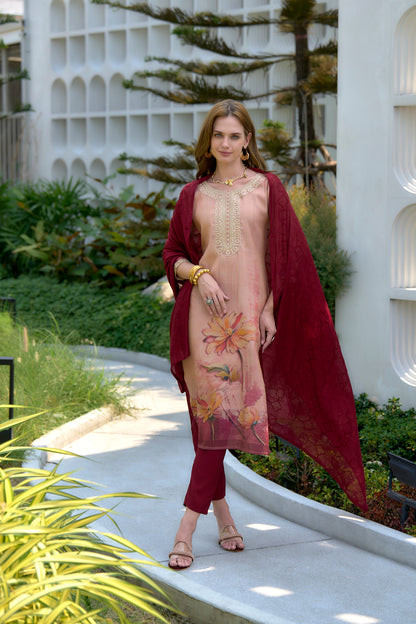 Peach Blossom Embroidered Kurta Set