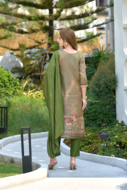 Moss Green Floral Embroidered Tissue Kurta Set