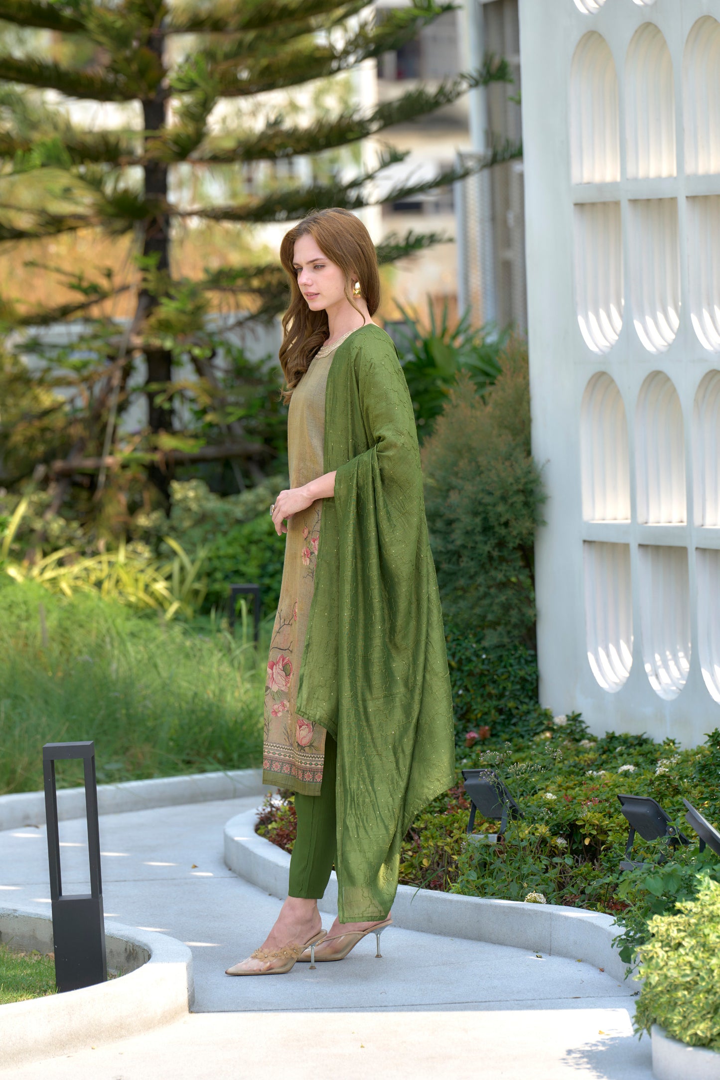 Moss Green Floral Embroidered Tissue Kurta Set