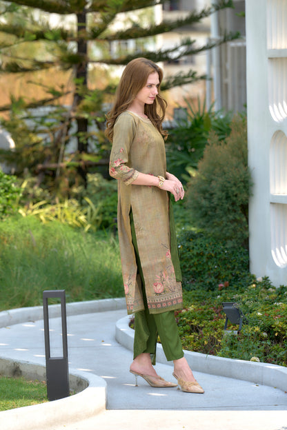 Moss Green Floral Embroidered Tissue Kurta Set