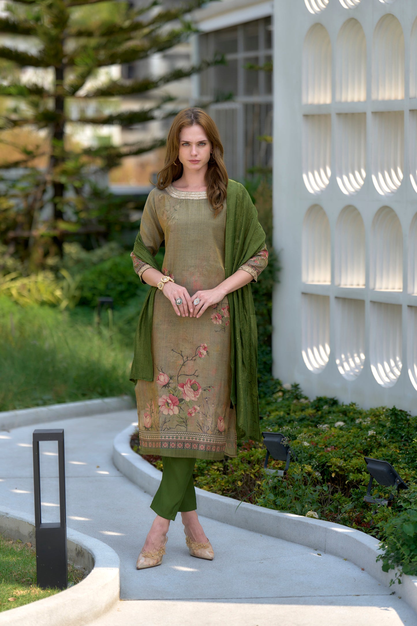 Moss Green Floral Embroidered Tissue Kurta Set