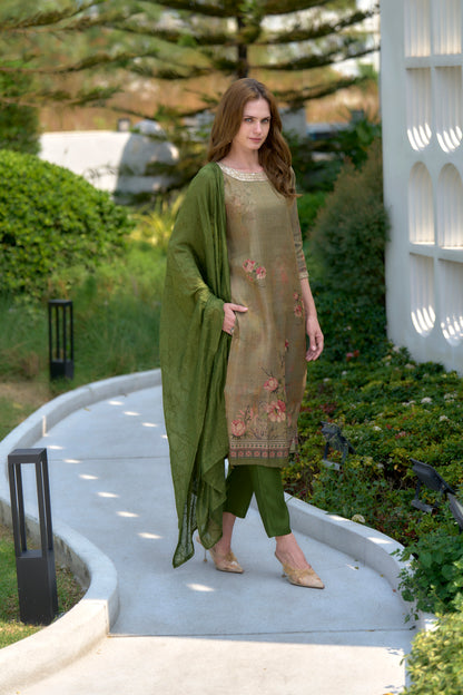 Moss Green Floral Embroidered Tissue Kurta Set