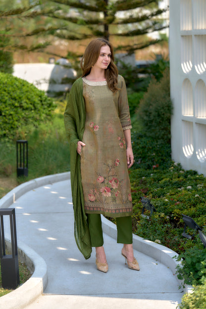 Moss Green Floral Embroidered Tissue Kurta Set
