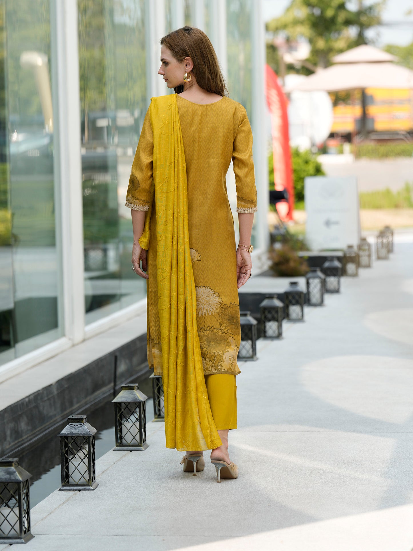 Mustard Yellow Floral Embroidered Tissue Kurta Set
