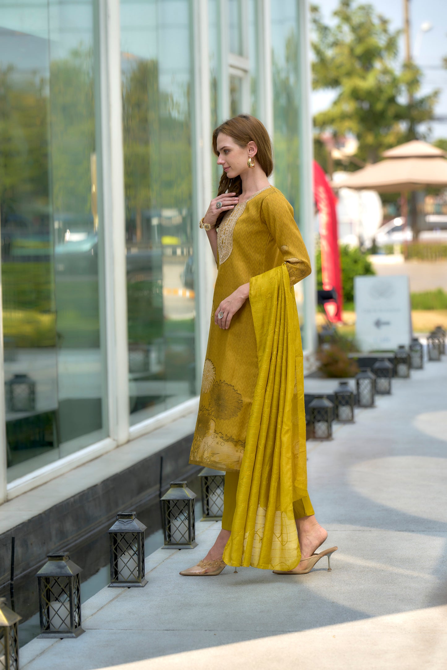 Mustard Yellow Floral Embroidered Tissue Kurta Set