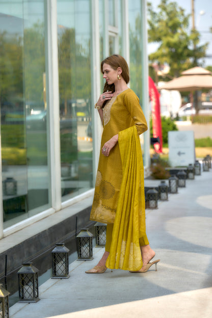 Mustard Yellow Floral Embroidered Tissue Kurta Set