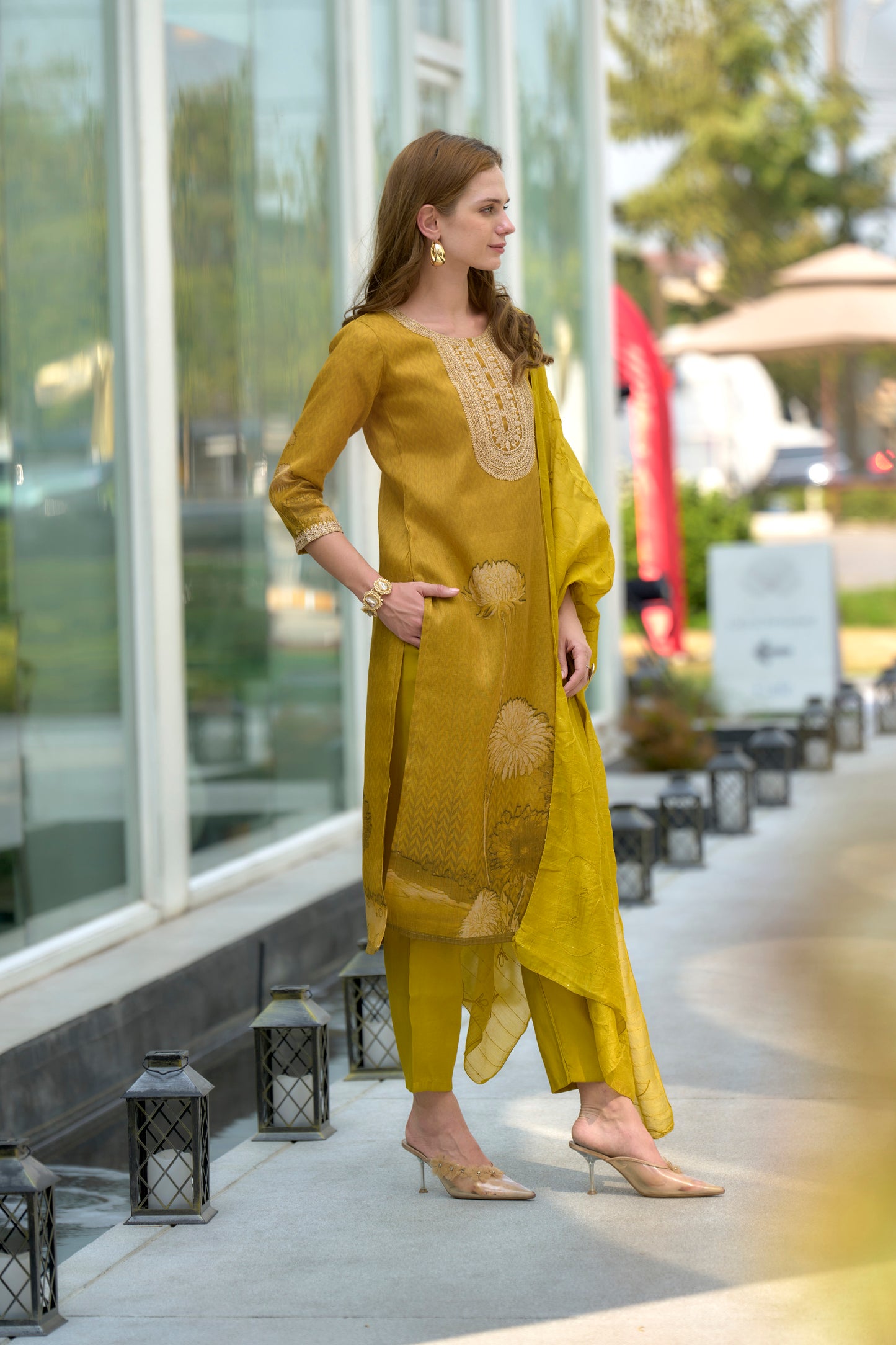 Mustard Yellow Floral Embroidered Tissue Kurta Set