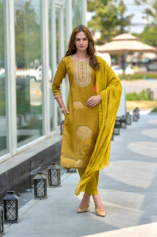 Mustard Yellow Floral Embroidered Tissue Kurta Set