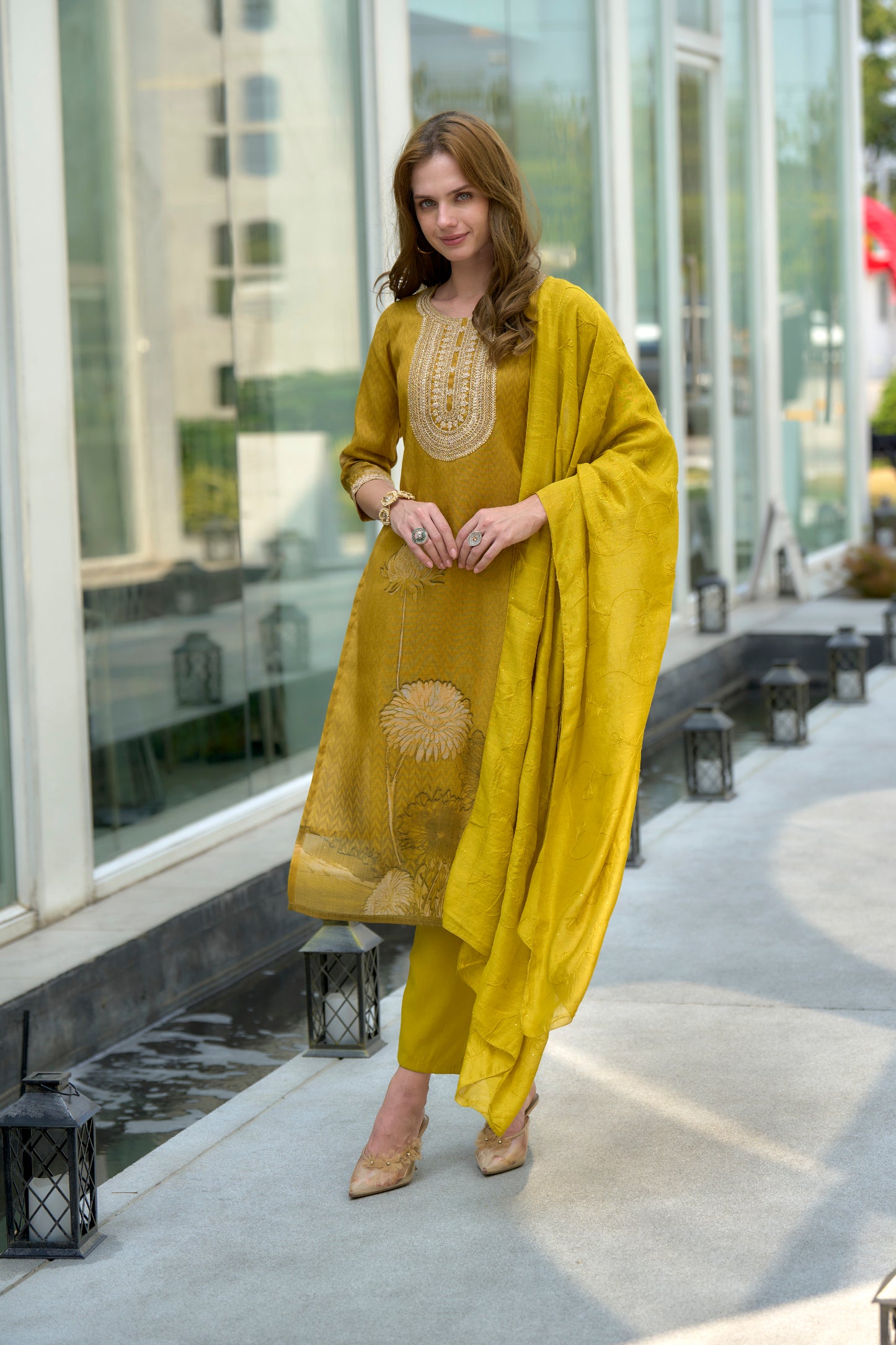 Mustard Yellow Floral Embroidered Tissue Kurta Set