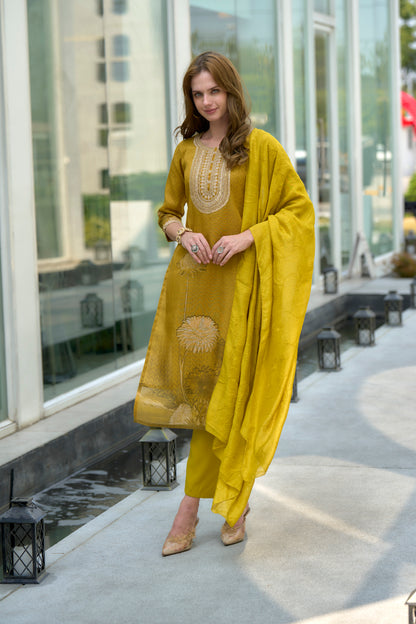 Mustard Yellow Floral Embroidered Tissue Kurta Set