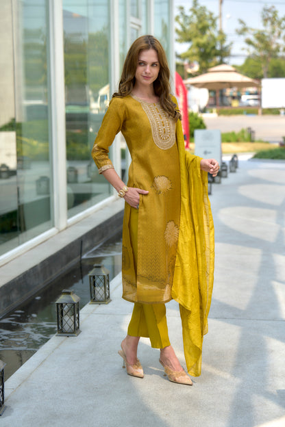 Mustard Yellow Floral Embroidered Tissue Kurta Set