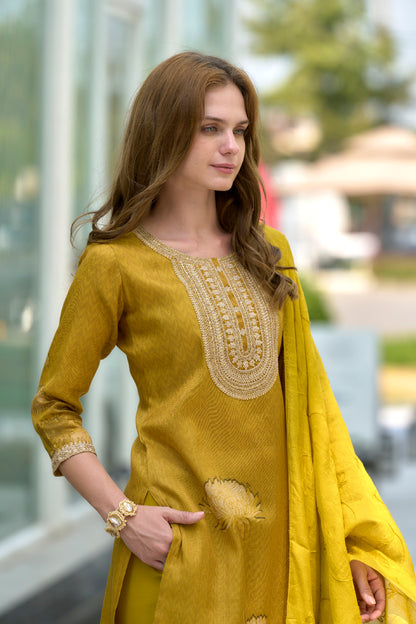 Mustard Yellow Floral Embroidered Tissue Kurta Set
