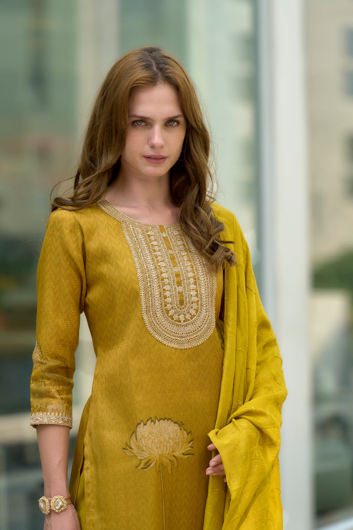 Mustard Yellow Floral Embroidered Tissue Kurta Set