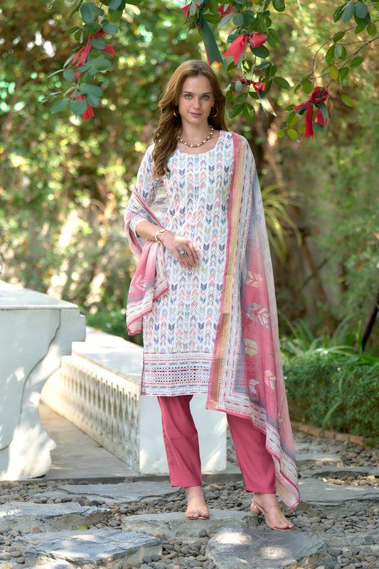 White Printed Cotton Kurta Set