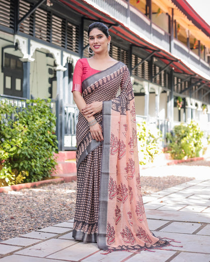 Elegant Peach & Black Digital Print Linen Saree