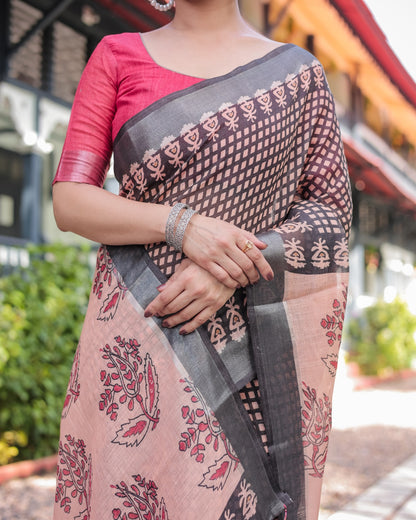 Elegant Peach & Black Digital Print Linen Saree