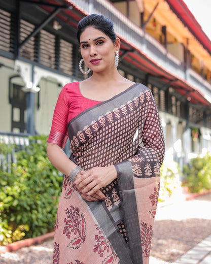 Elegant Peach & Black Digital Print Linen Saree