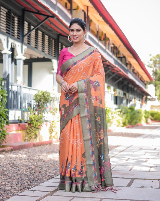Vibrant Orange & Green Madhubani Digital Print Linen Saree