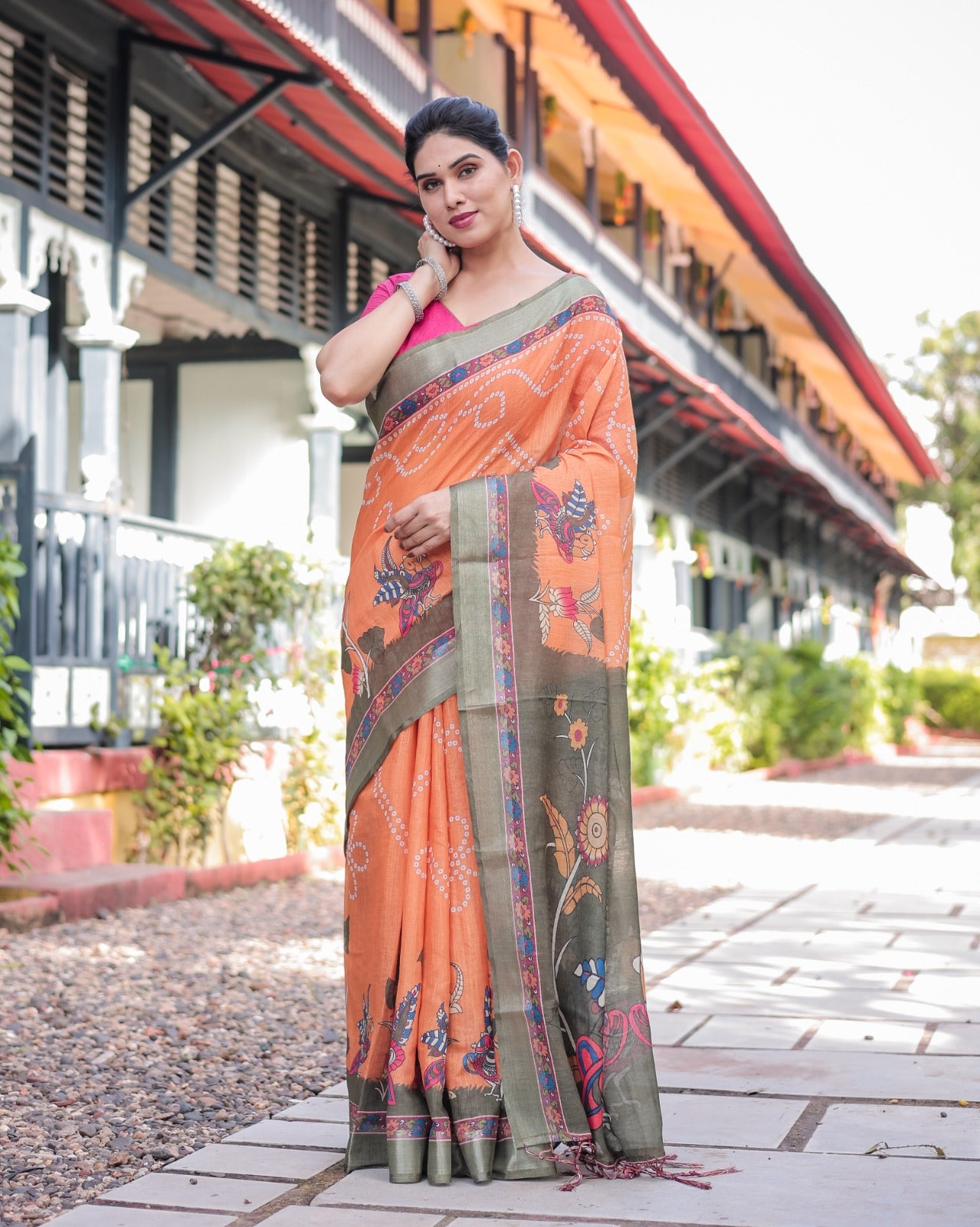 Vibrant Orange & Green Madhubani Digital Print Linen Saree