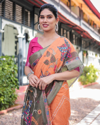 Vibrant Orange & Green Madhubani Digital Print Linen Saree