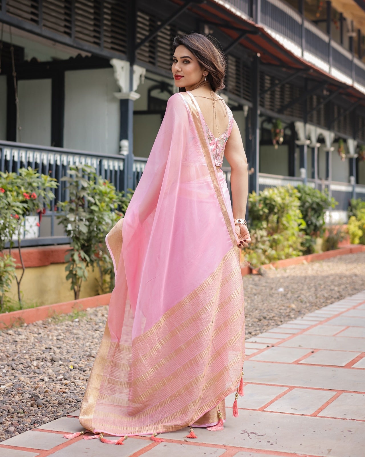 Baby Pink Chiffon Saree – Soft, Feminine & Festive!