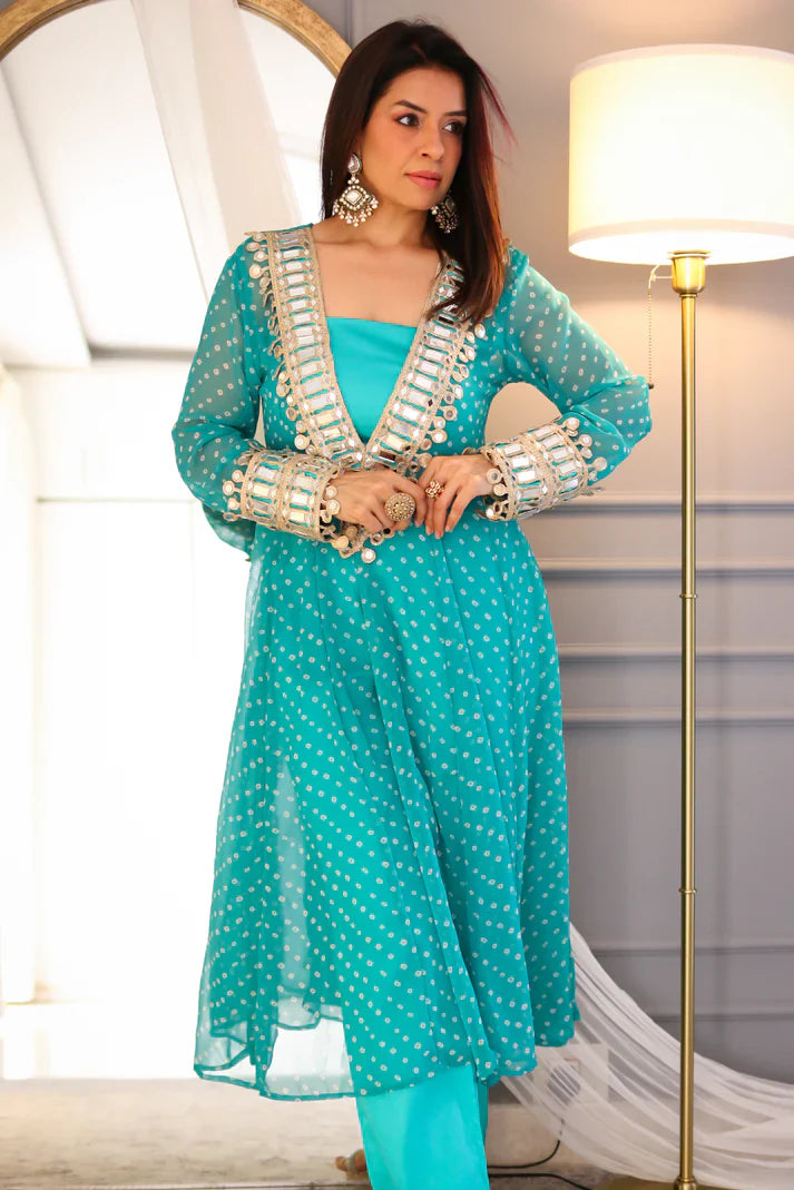 Designer Mirror Work Anarkali Suit Set for Women – Georgette Fabric | Available in Mehendi Green, Royal Blue, Black & Wine Purple