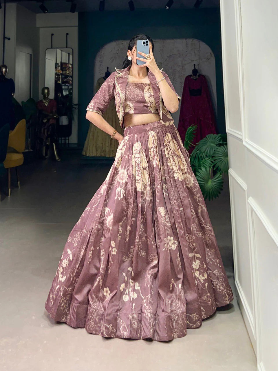 Ethereal Radiance: Mauve Tussar Silk Lehenga with Jacket ( koti )
