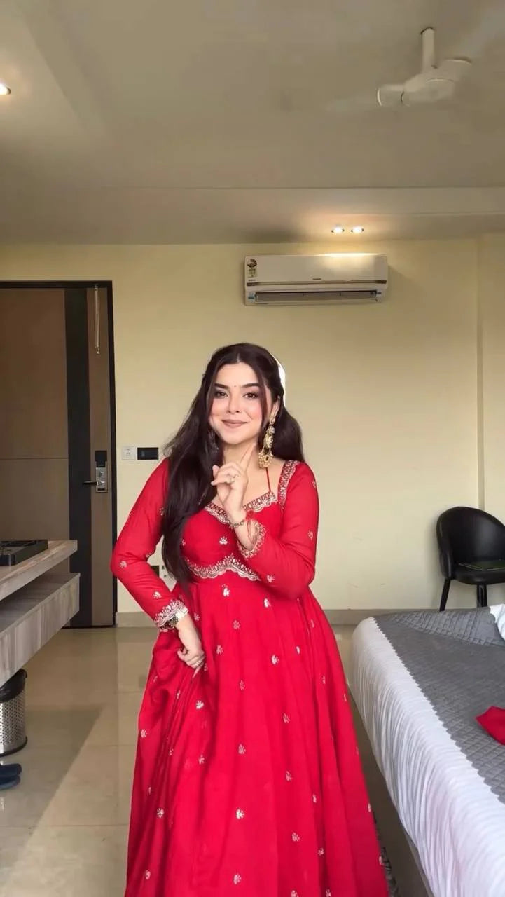 Festive Wear Red Anarkali Suit in Faux Georgette with Embroidered Dupatta & Matching Pant