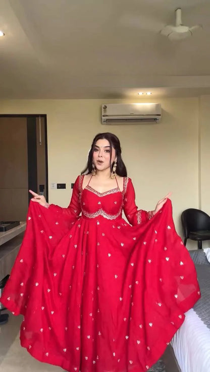 Festive Wear Red Anarkali Suit in Faux Georgette with Embroidered Dupatta & Matching Pant