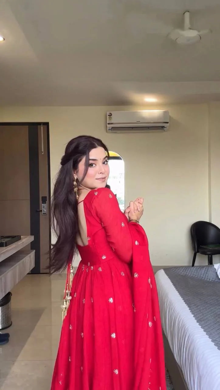 Festive Wear Red Anarkali Suit in Faux Georgette with Embroidered Dupatta & Matching Pant