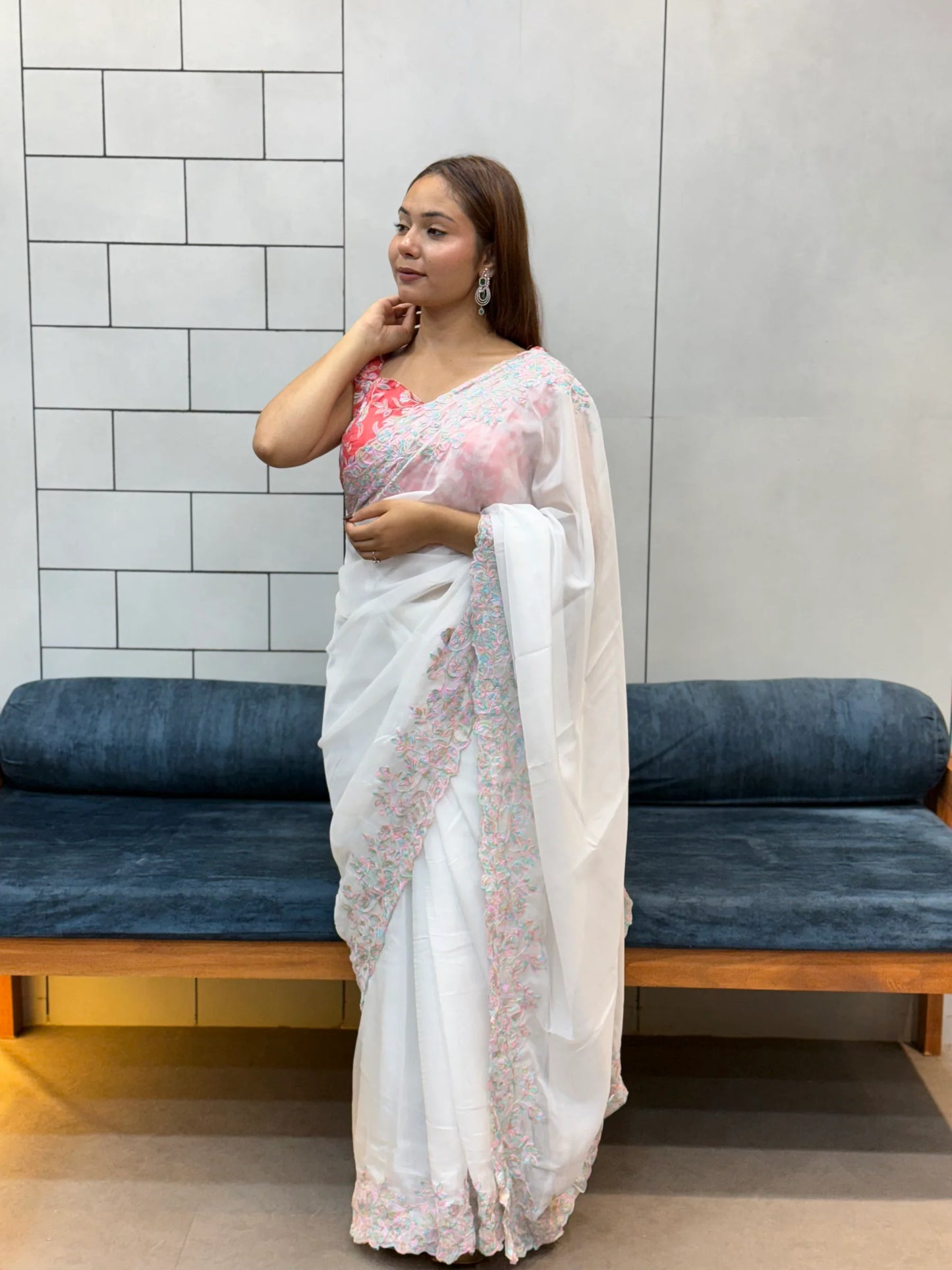 Elegant White tabby Organza Saree with Pastel Floral Embroidery & Pink Printed Blouse