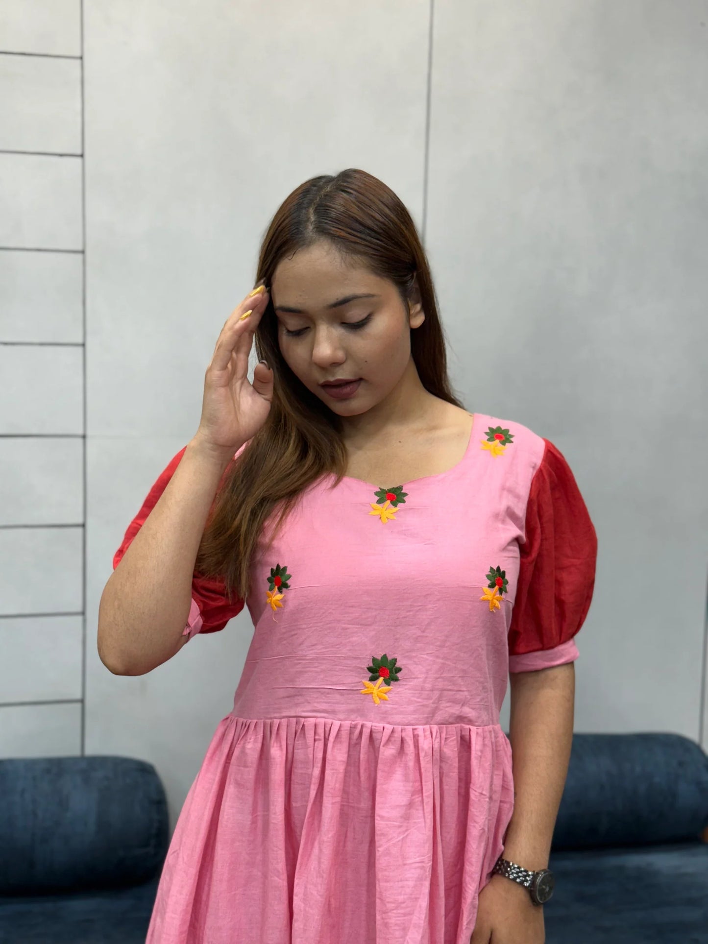 Pink & Red Ombre mul Cotton Flared Dress with Puff Sleeves and Floral Embroidery