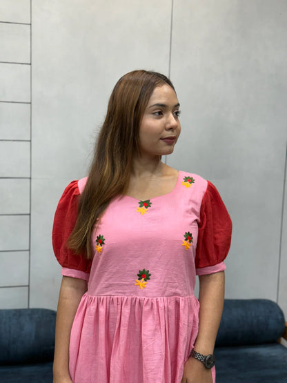 Pink & Red Ombre mul Cotton Flared Dress with Puff Sleeves and Floral Embroidery