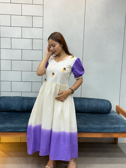 Cream & Lavender mul Cotton Flared Dress with Puff Sleeves and Floral Embroidery