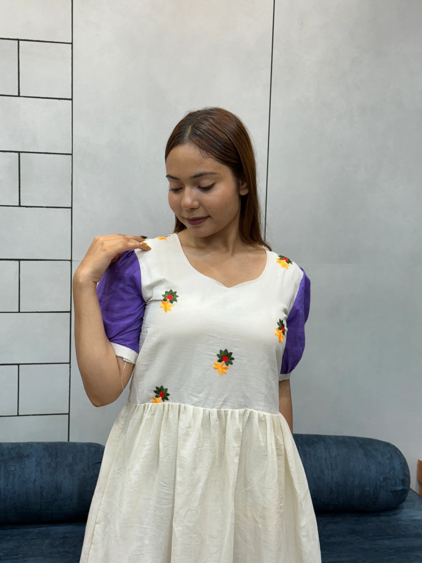 Cream & Lavender mul Cotton Flared Dress with Puff Sleeves and Floral Embroidery