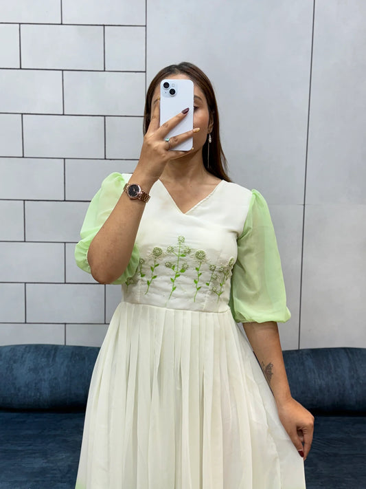 Pista Green Georgette Maxi Dress | Handcrafted Beads & Kardana | Comfortable Cotton Lining