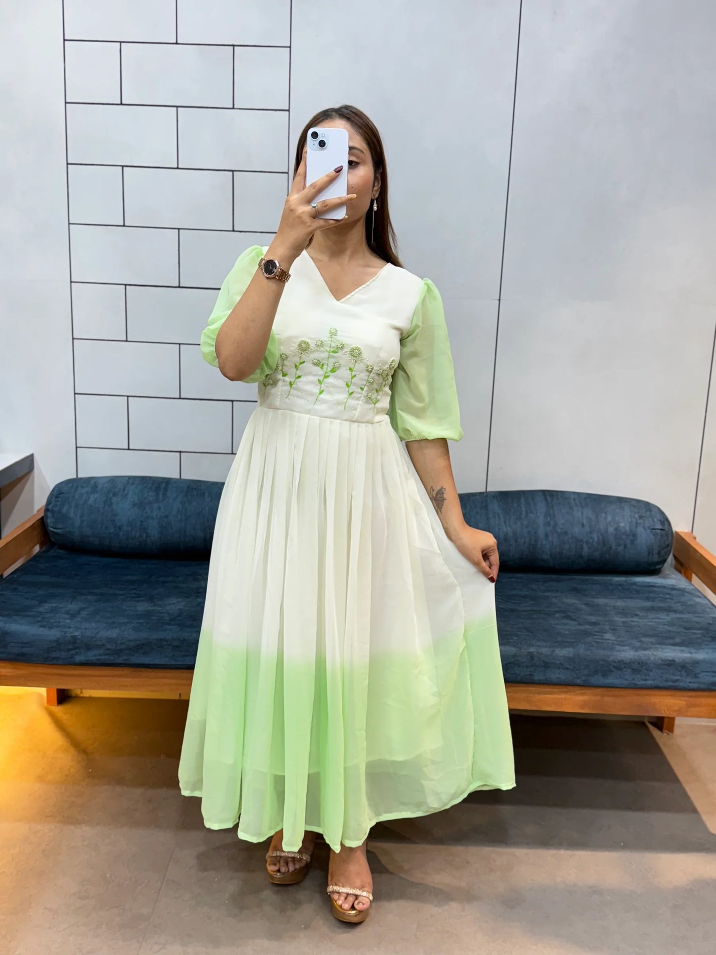 Pista Green Georgette Maxi Dress | Handcrafted Beads & Kardana | Comfortable Cotton Lining