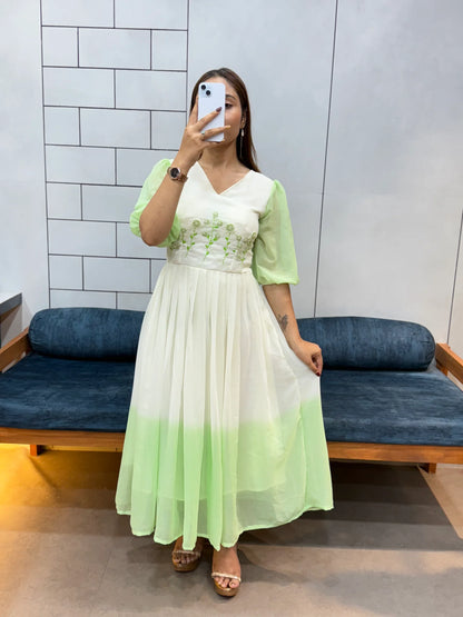 Pista Green Georgette Maxi Dress | Handcrafted Beads & Kardana | Comfortable Cotton Lining