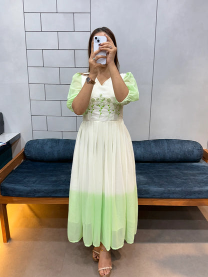 Pista Green Georgette Maxi Dress | Handcrafted Beads & Kardana | Comfortable Cotton Lining