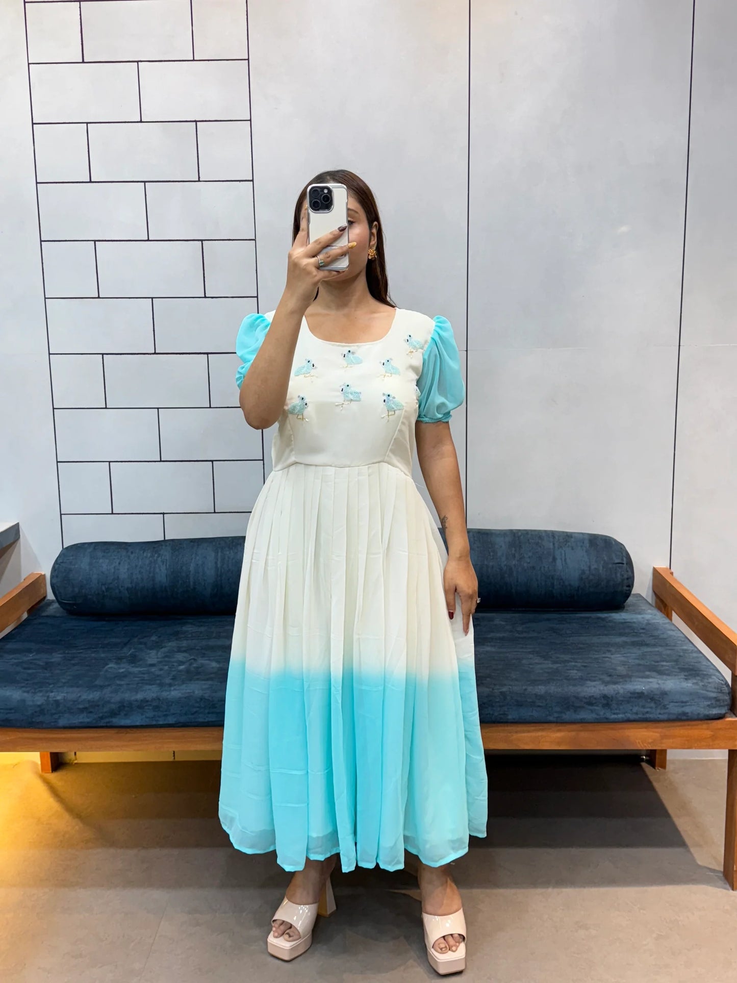 Sky Blue Flowing Georgette Maxi | Beautiful Beads & Kardana Handwork | Day Party Wear