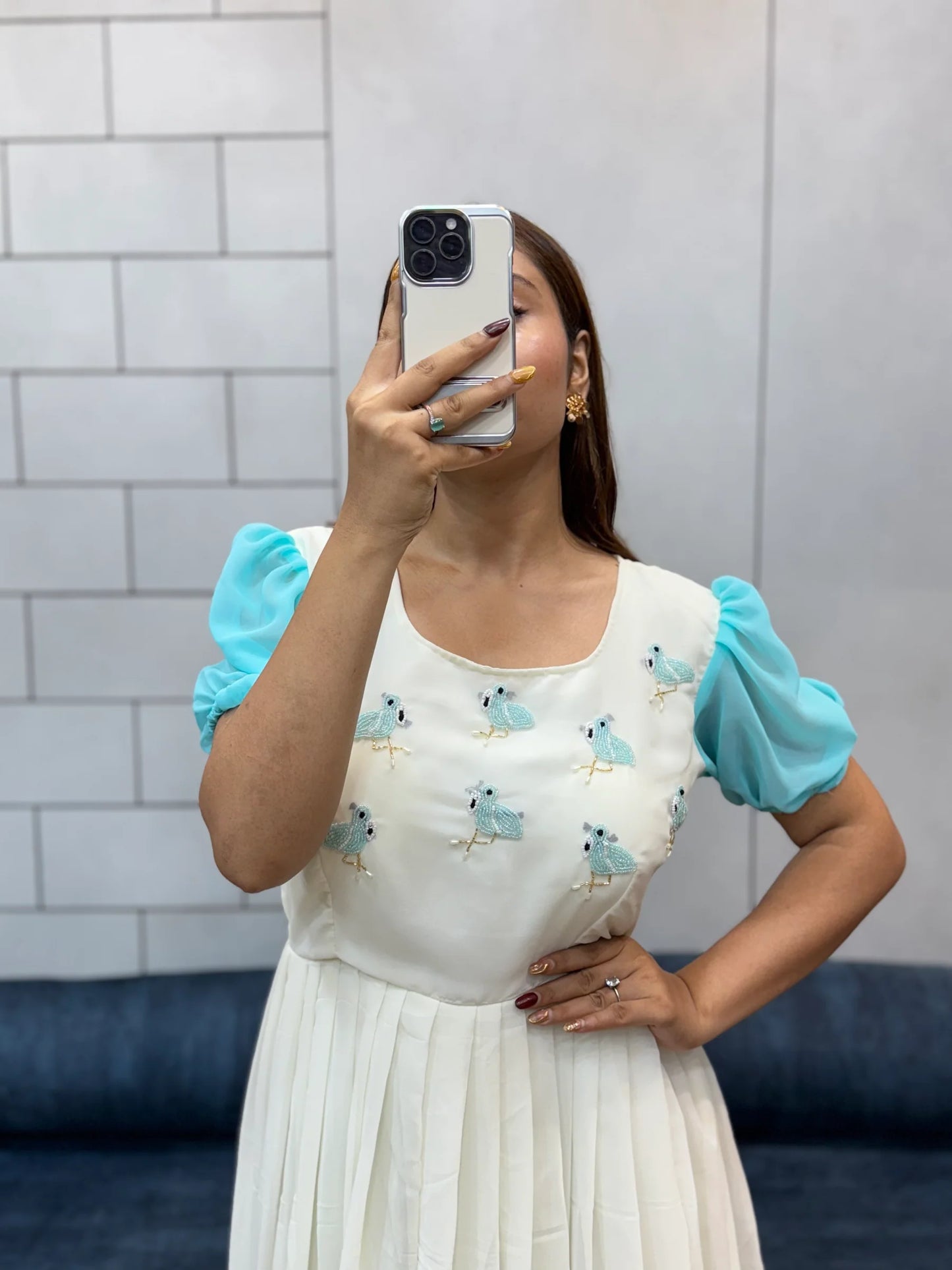 Sky Blue Flowing Georgette Maxi | Beautiful Beads & Kardana Handwork | Day Party Wear