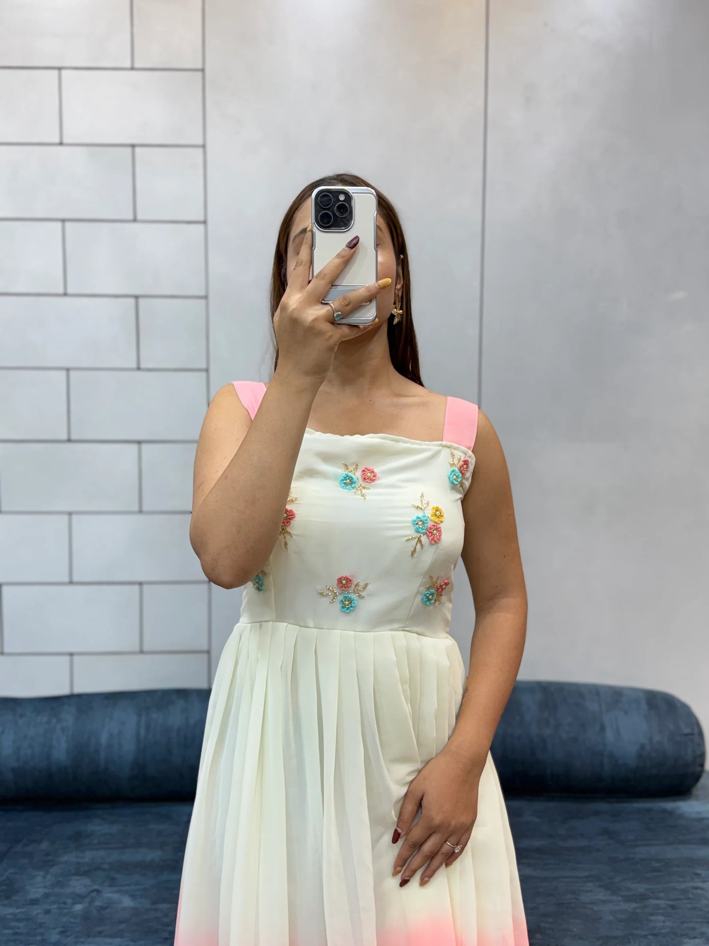 Pink Pedding Fox Georgette Maxi Dress with Beads & Kardana Handwork | Soft Cotton Inner | Elegant Partywear