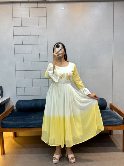 Sunshine Yellow Georgette Maxi Dress | Handcrafted Beads & Kardana | Comfortable Cotton Inner