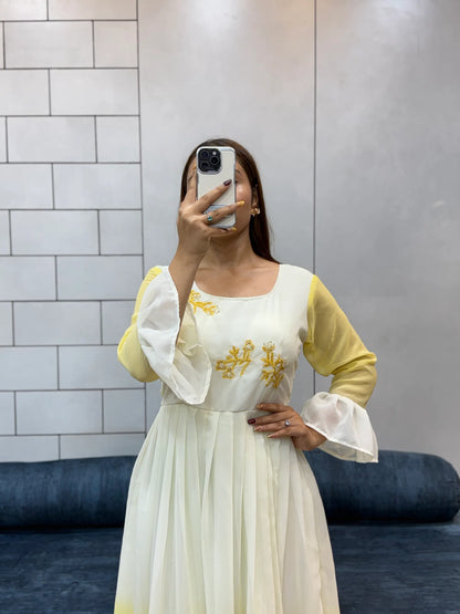 Sunshine Yellow Georgette Maxi Dress | Handcrafted Beads & Kardana | Comfortable Cotton Inner