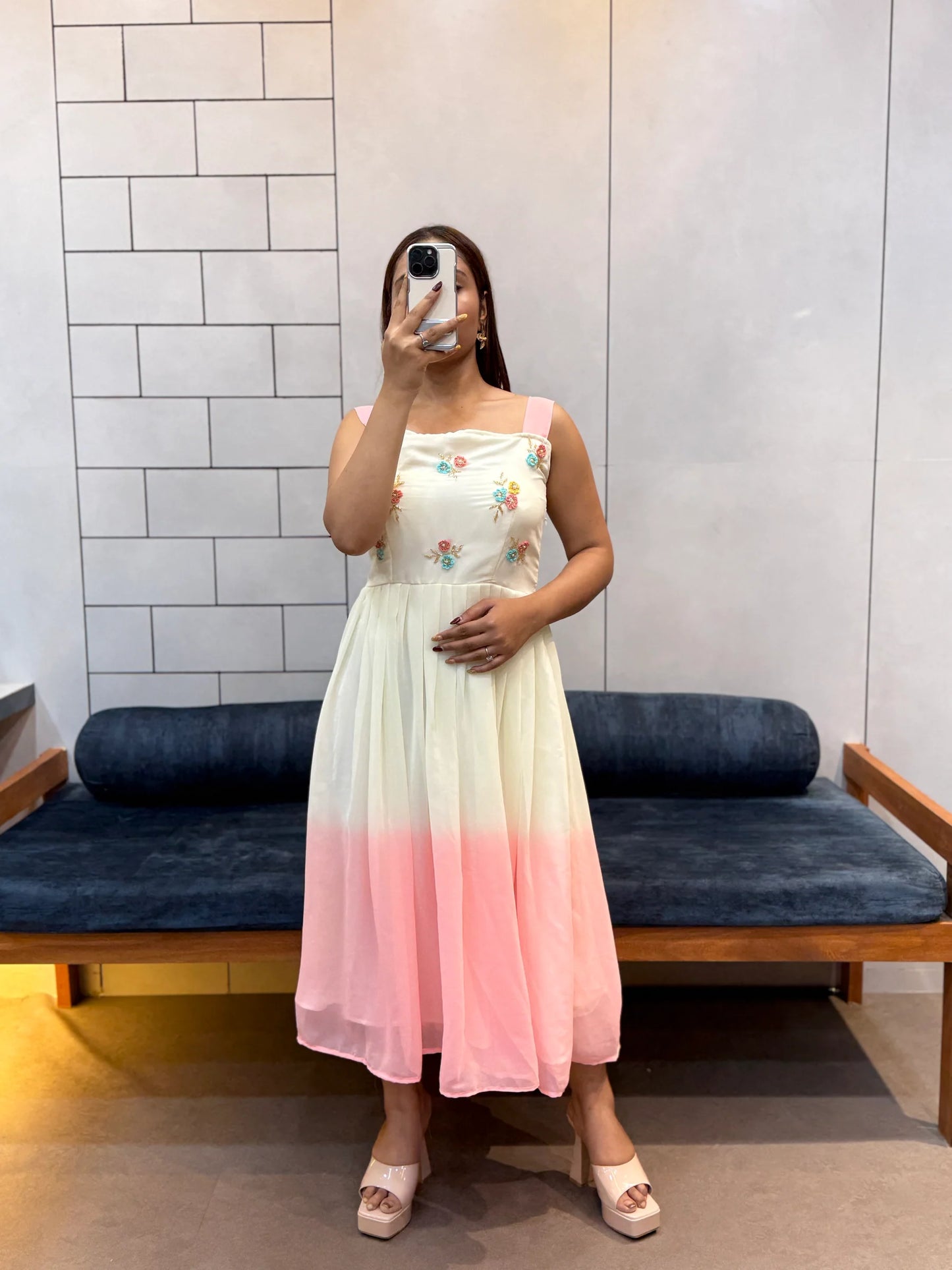 Pink Pedding Fox Georgette Maxi Dress with Beads & Kardana Handwork | Soft Cotton Inner | Elegant Partywear