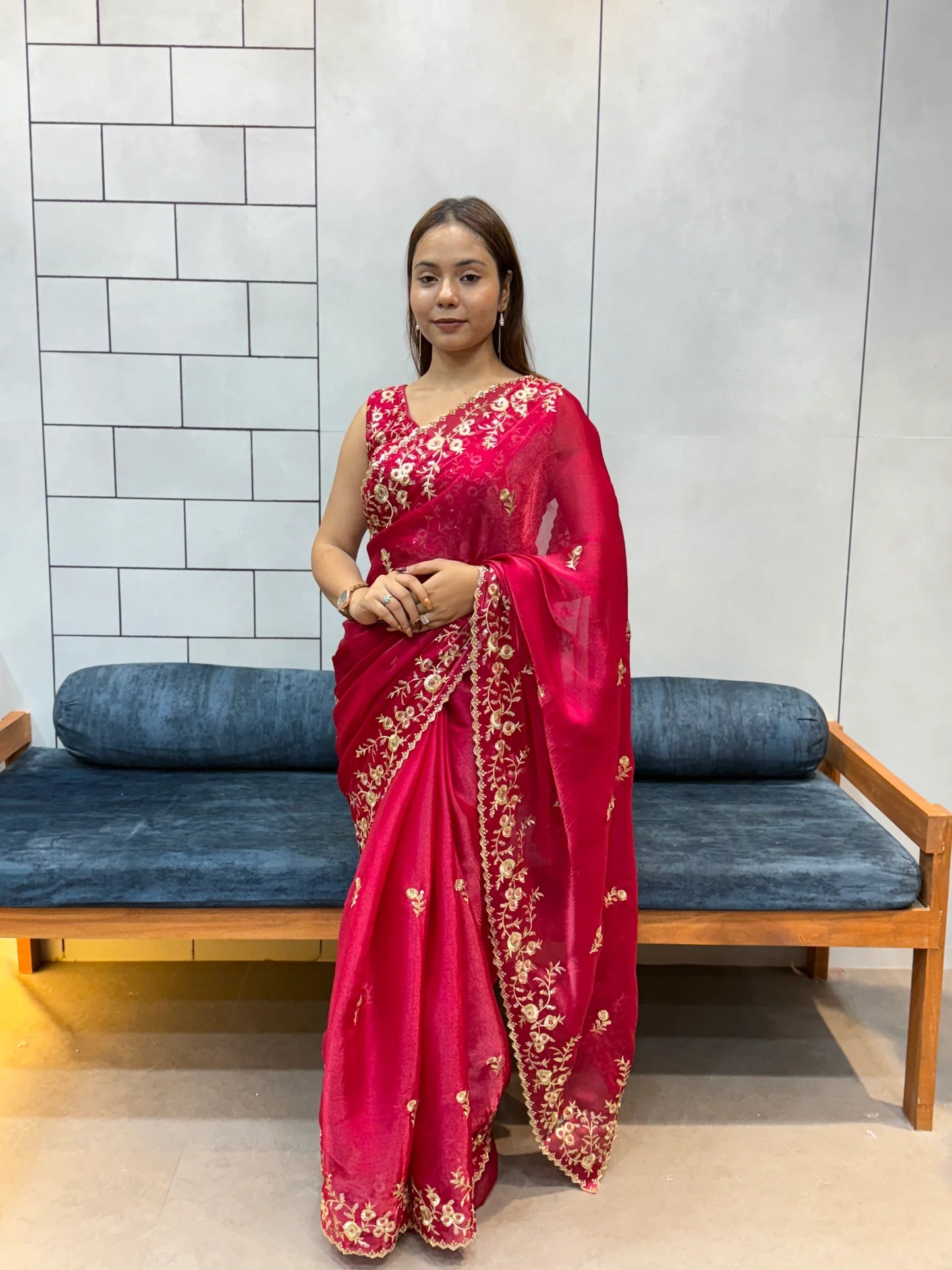 Rani Pink Space silk Saree with Golden Floral Embroidery & Designer Blouse - Festive & Party Wear