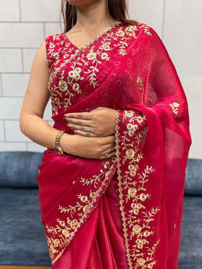 Rani Pink Space silk Saree with Golden Floral Embroidery & Designer Blouse - Festive & Party Wear