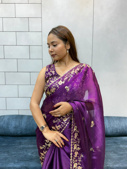Jamuni Purple Space silk Saree with Golden Floral Embroidery & Designer Blouse - Festive & Party Wear